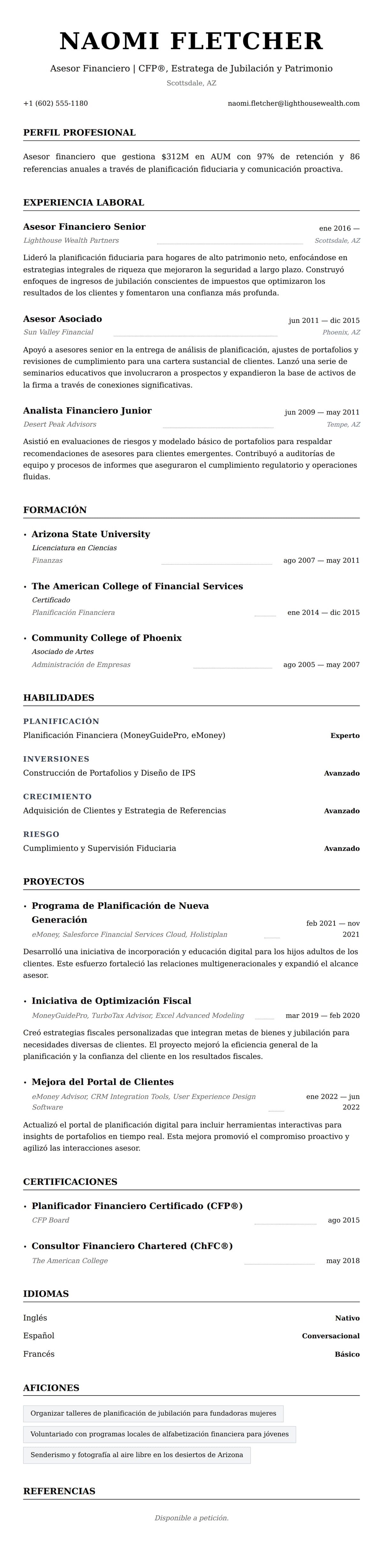 Vista previa del currículum Ejemplo de Currículum de Asesor Financiero