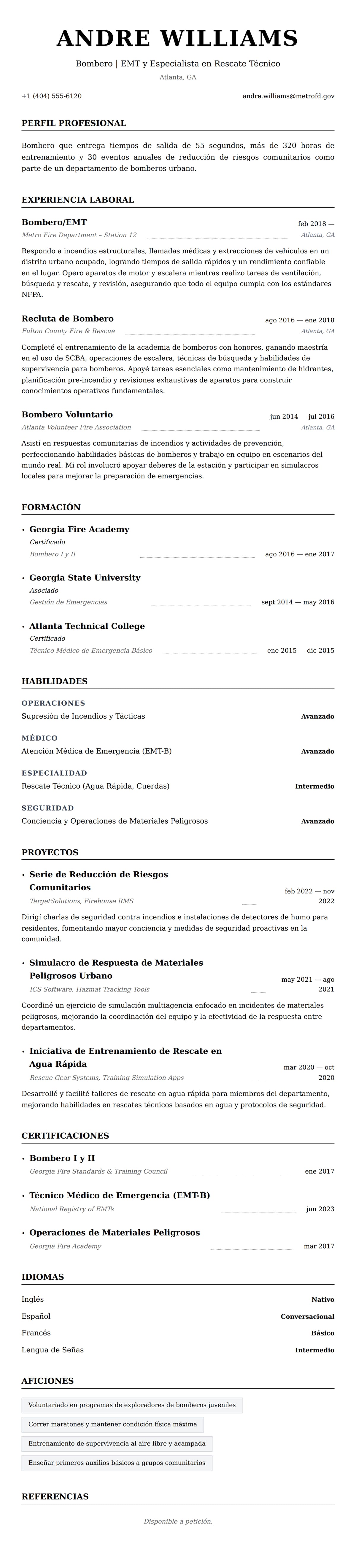 Vista previa del currículum Ejemplo de Currículum de Bombero