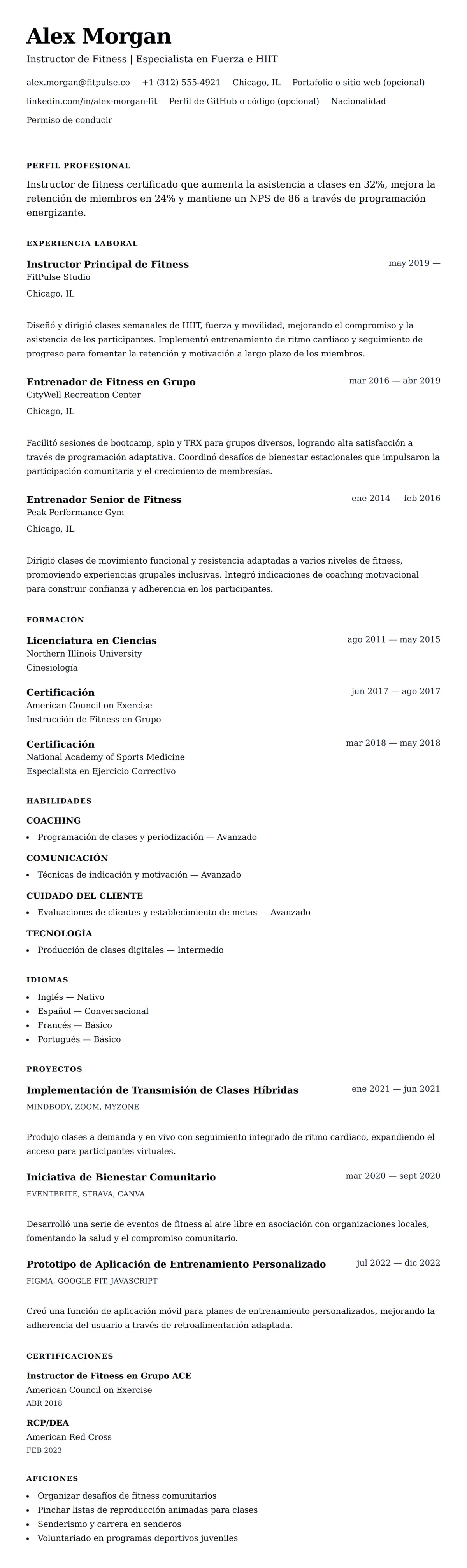Vista previa del currículum Ejemplo de Currículum de Instructor de Fitness