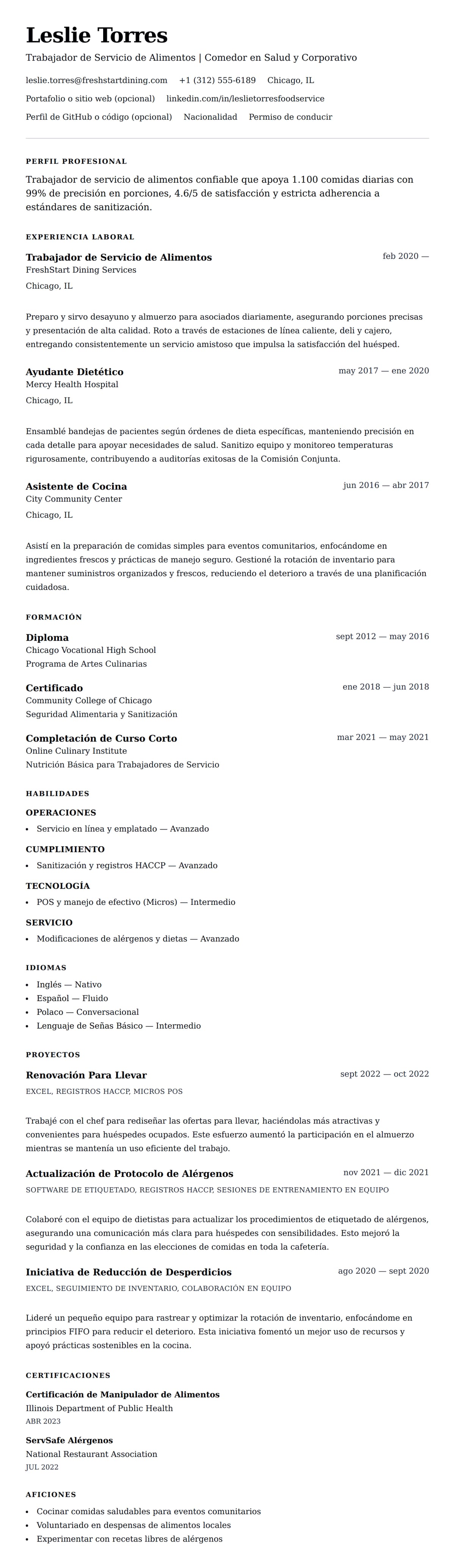 Vista previa del currículum Ejemplo de Currículum de Trabajador de Servicio de Alimentos