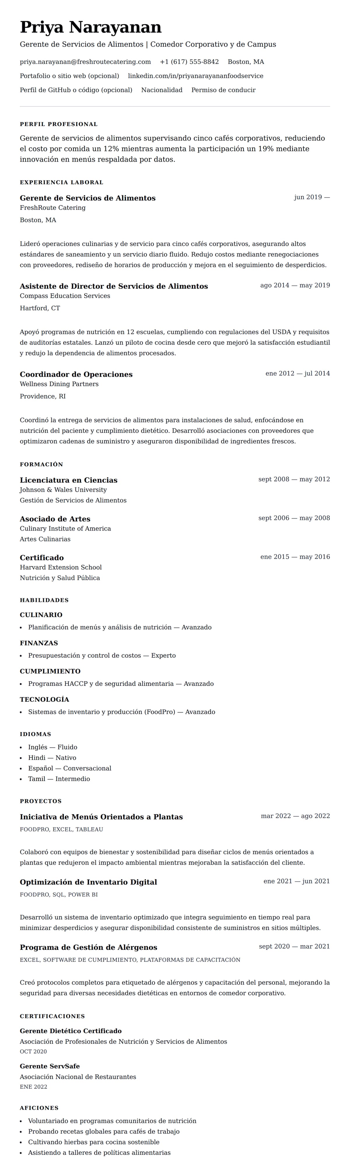 Vista previa del currículum Ejemplo de Currículum de Gerente de Servicios de Alimentos