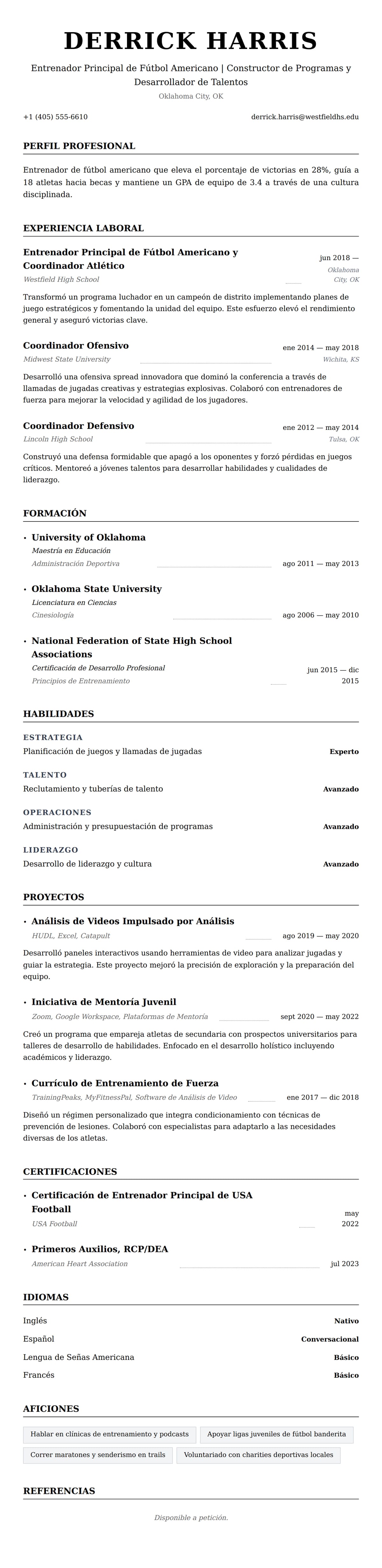 Vista previa del currículum Ejemplo de Currículum de Entrenador de Fútbol Americano