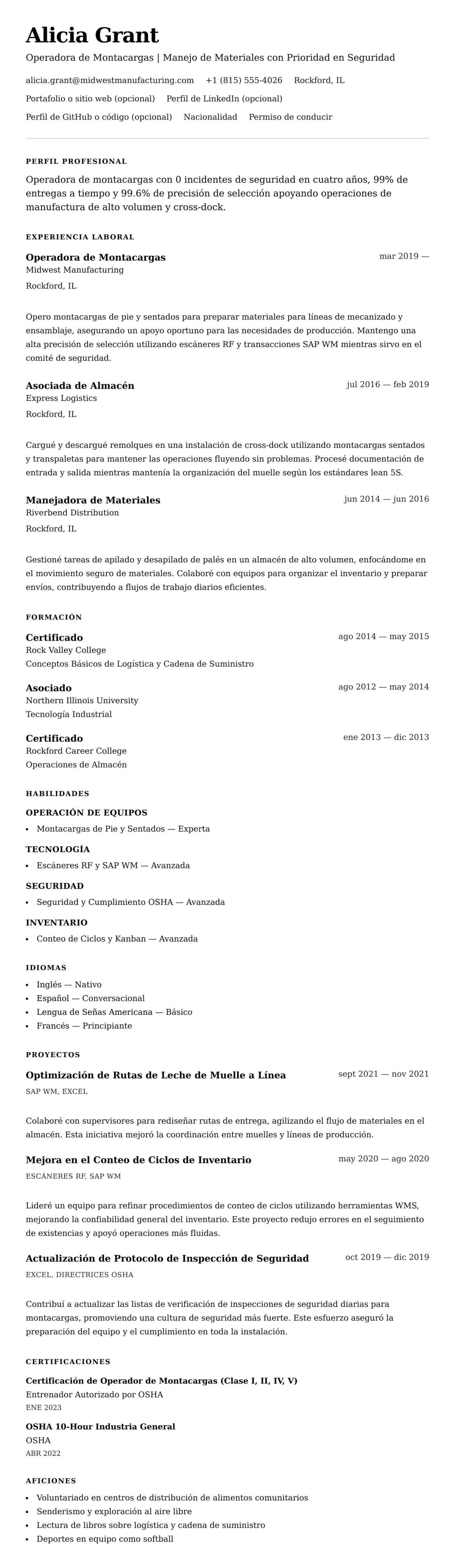 Vista previa del currículum Ejemplo de Currículum de Operador de Montacargas