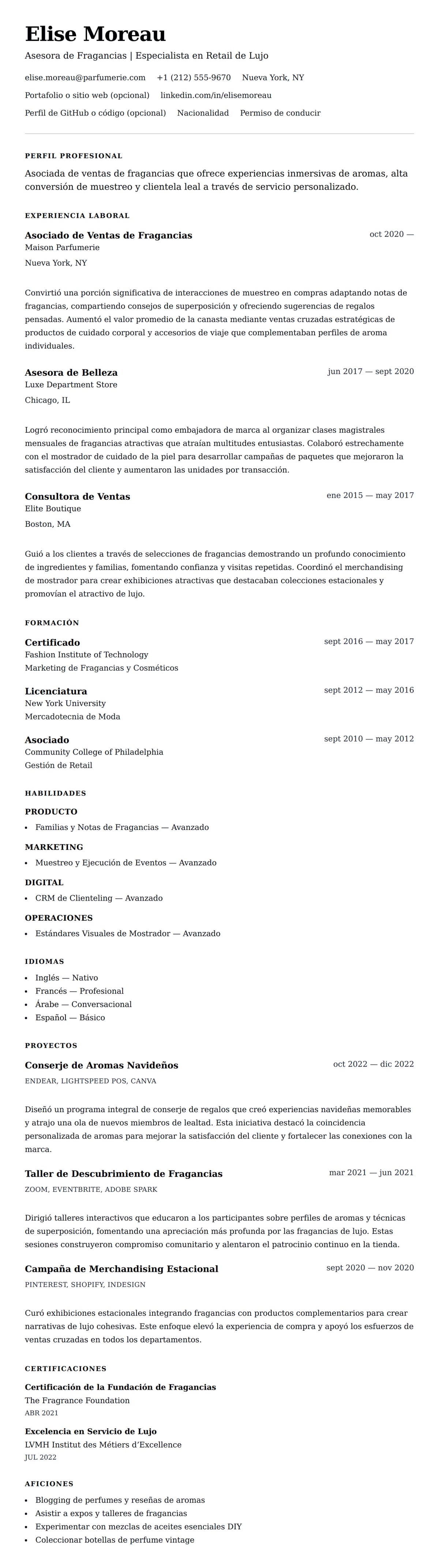 Vista previa del currículum Ejemplo de Currículum de Asociado de Ventas de Fragancias