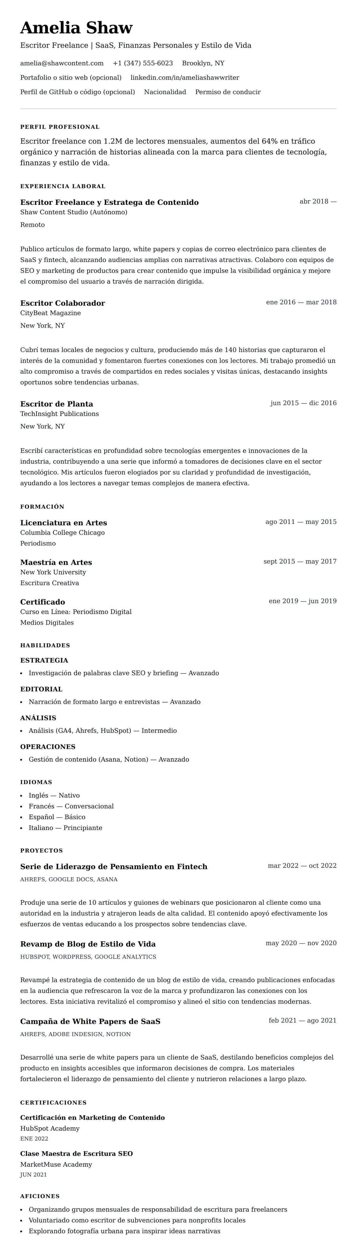 Vista previa del currículum Ejemplo de Currículum de Escritor Freelance