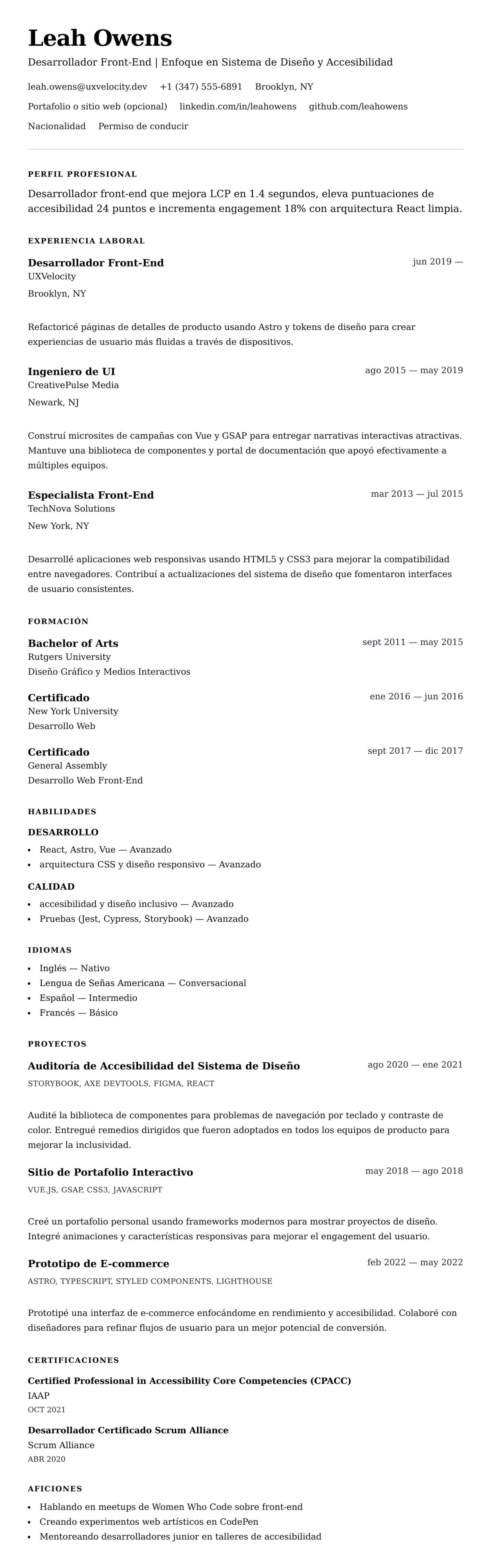 Vista previa del currículum Ejemplo de Currículum de Desarrollador Front-End