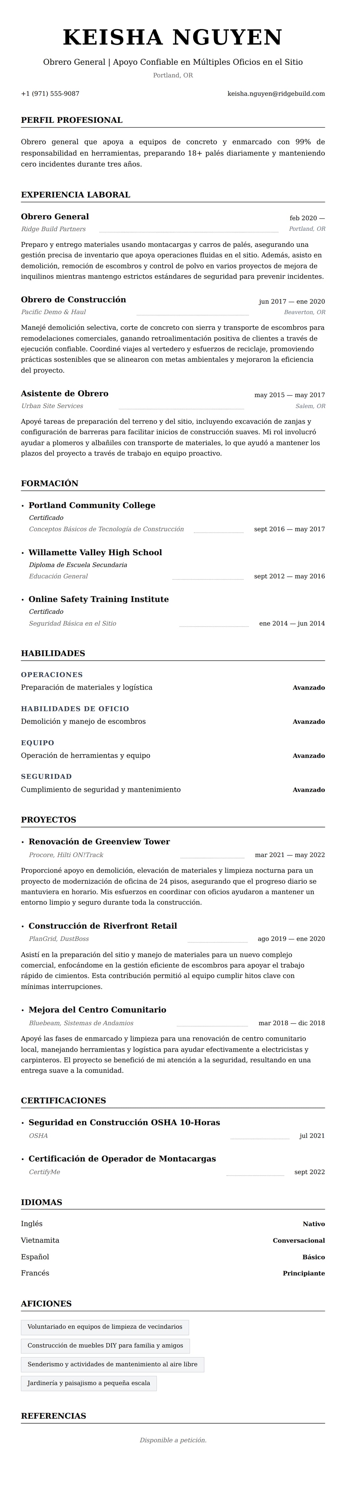 Vista previa del currículum Ejemplo de Currículum de Obrero General