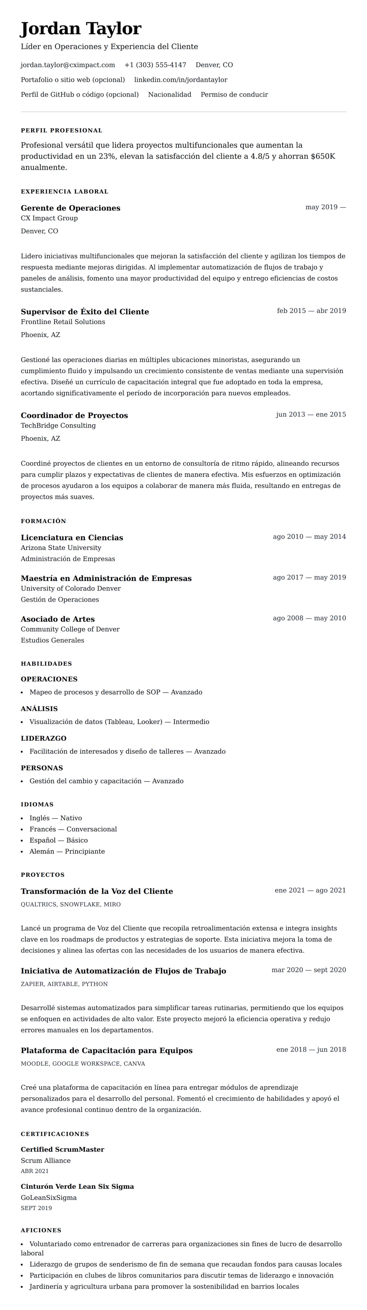 Vista previa del currículum Ejemplo de Currículum General