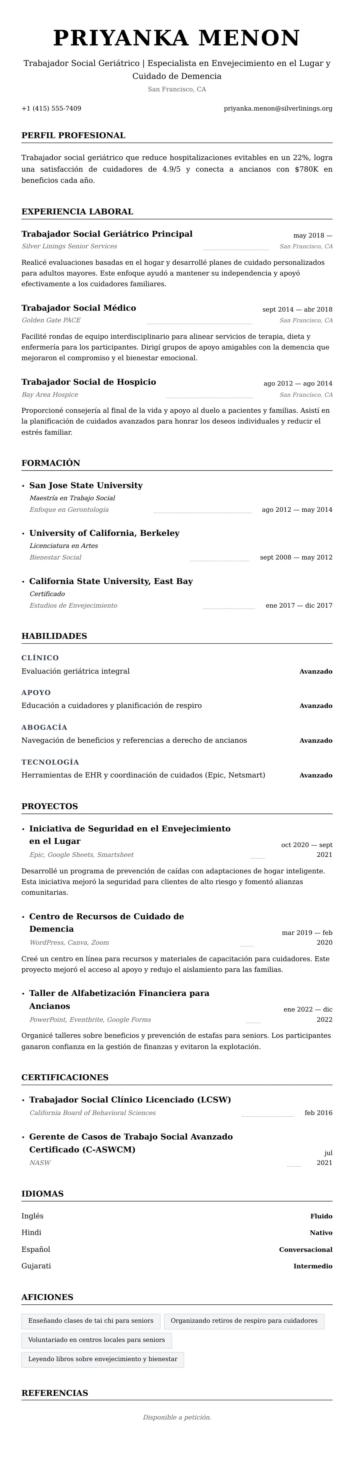 Vista previa del currículum Ejemplo de Currículum de Trabajador Social Geriátrico