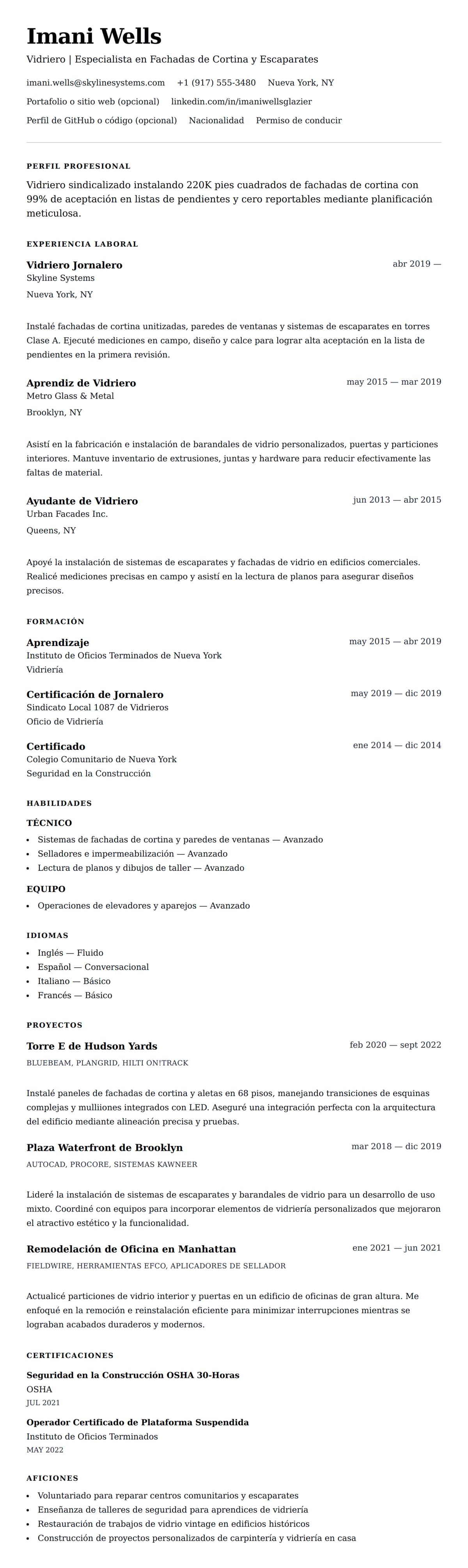 Vista previa del currículum Ejemplo de Currículum de Vidriero