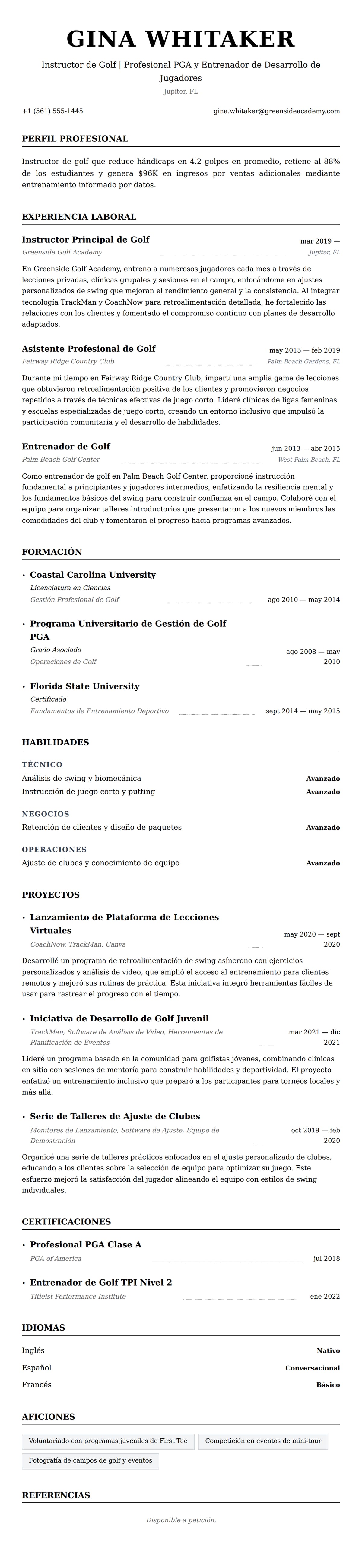 Vista previa del currículum Ejemplo de Currículum de Instructor de Golf
