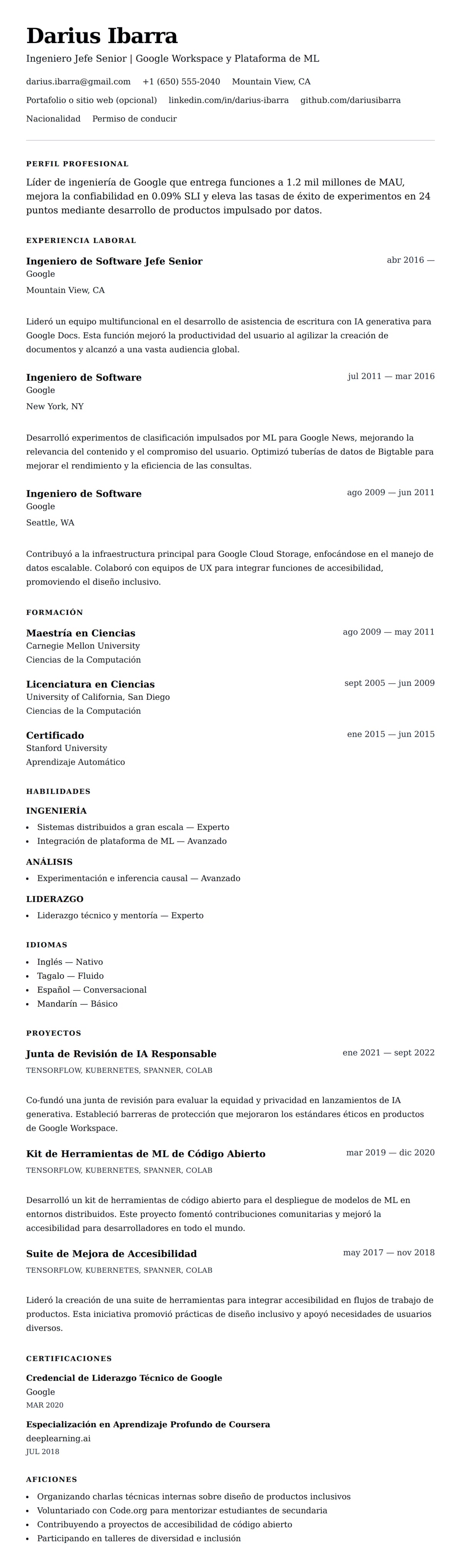 Vista previa del currículum Ejemplo de Currículum de Google