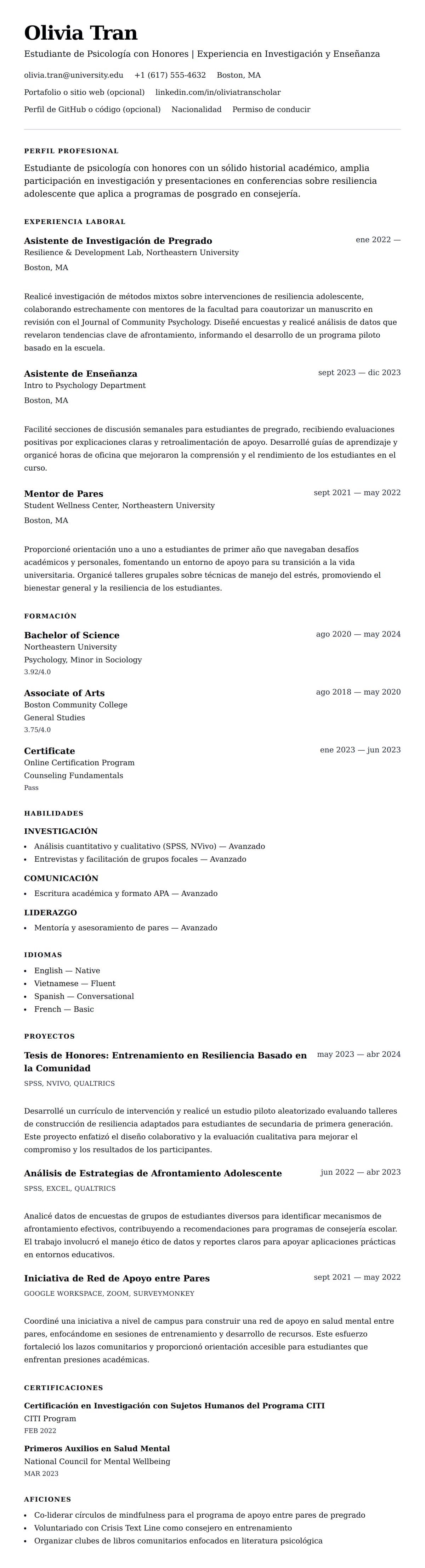 Vista previa del currículum Ejemplo de Currículum para Solicitante de Escuela de Posgrado