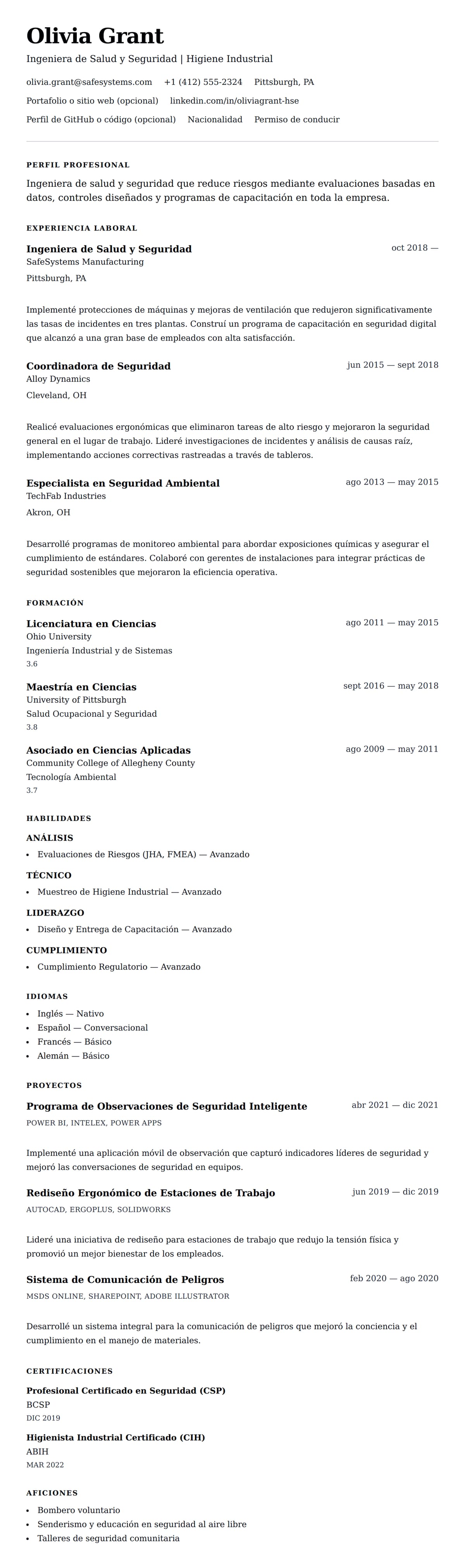 Vista previa del currículum Ejemplo de Currículum de Ingeniero de Salud y Seguridad
