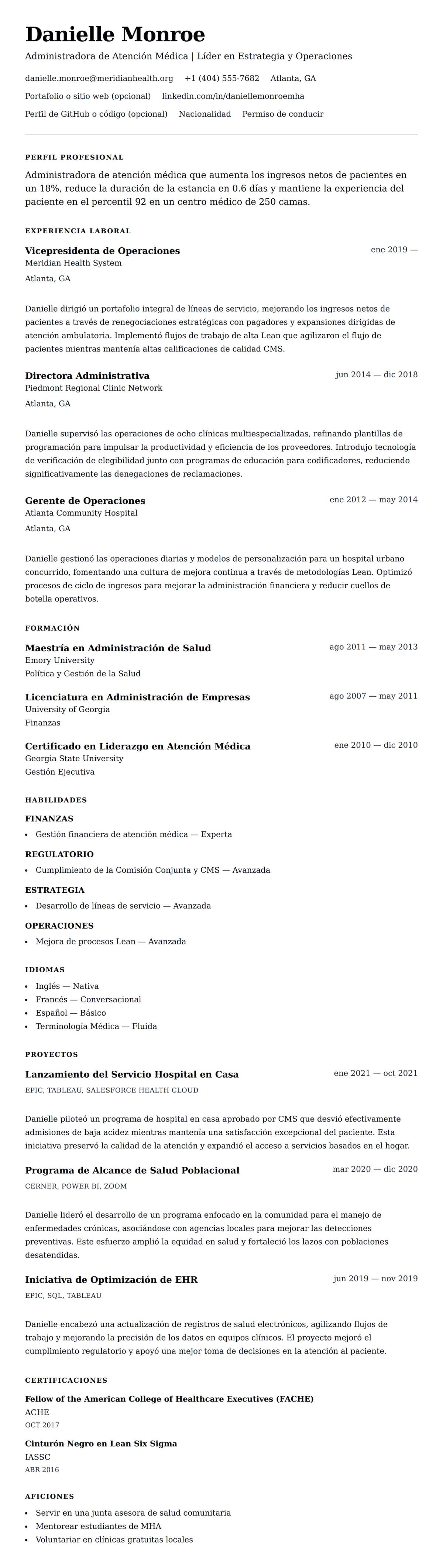 Vista previa del currículum Ejemplo de Currículum de Administración de Atención Médica