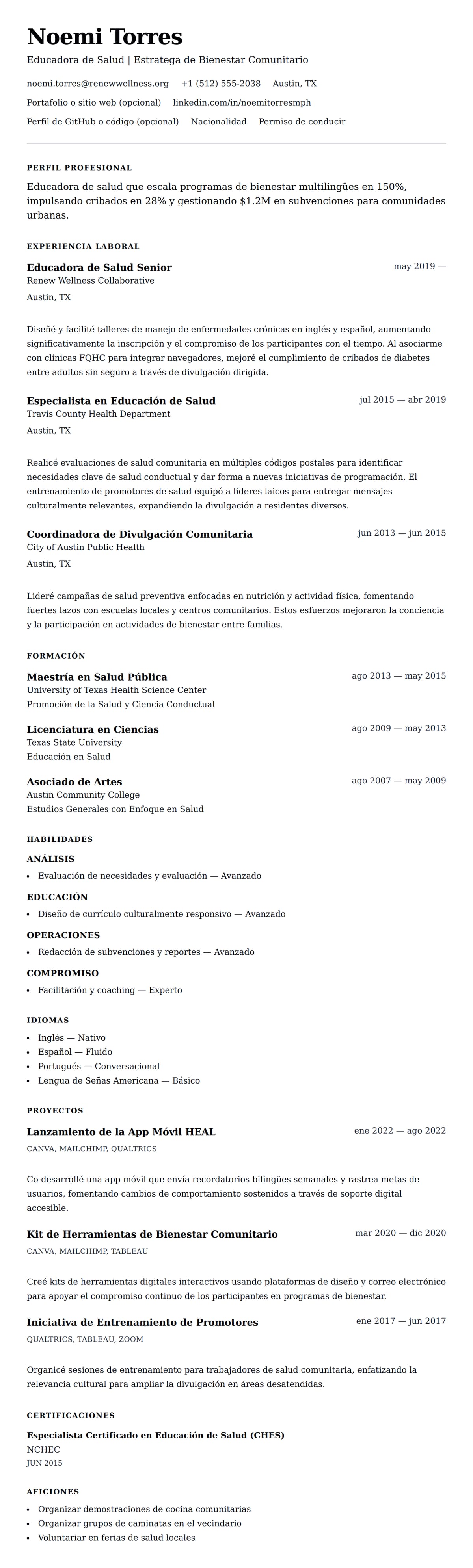 Vista previa del currículum Ejemplo de Currículum de Educador de Salud