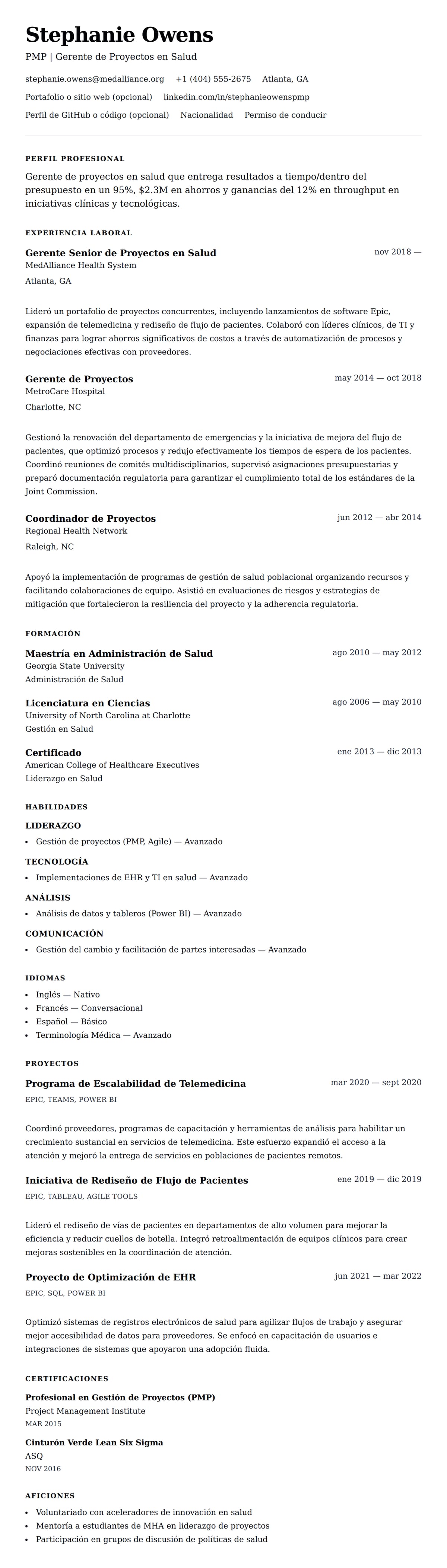 Vista previa del currículum Ejemplo de Currículum de Gerente de Proyectos en Salud