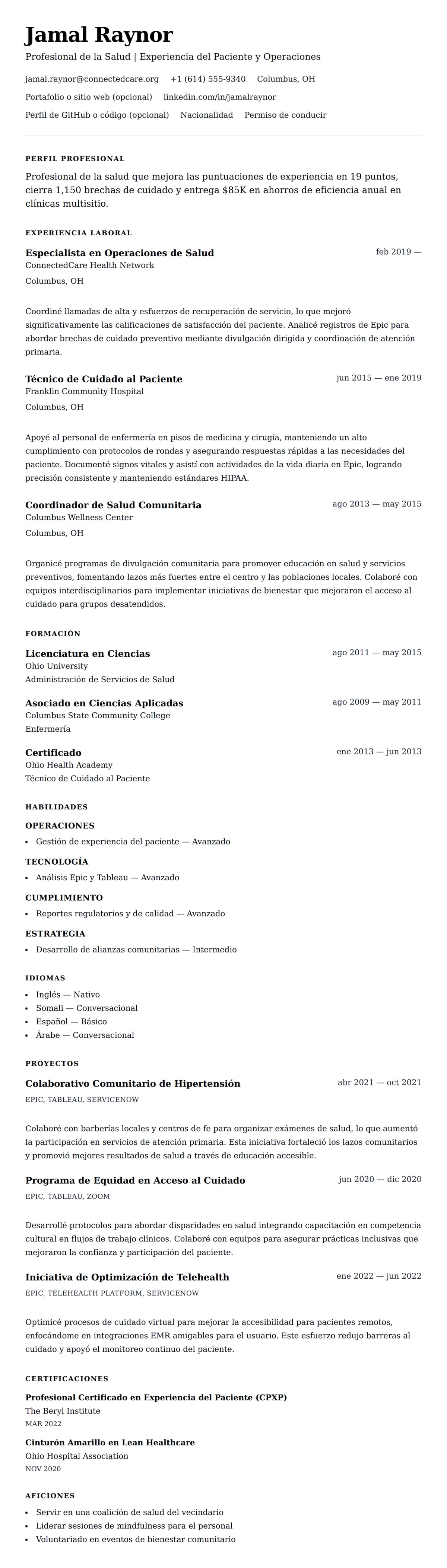 Vista previa del currículum Ejemplo de Currículum para Profesional de la Salud