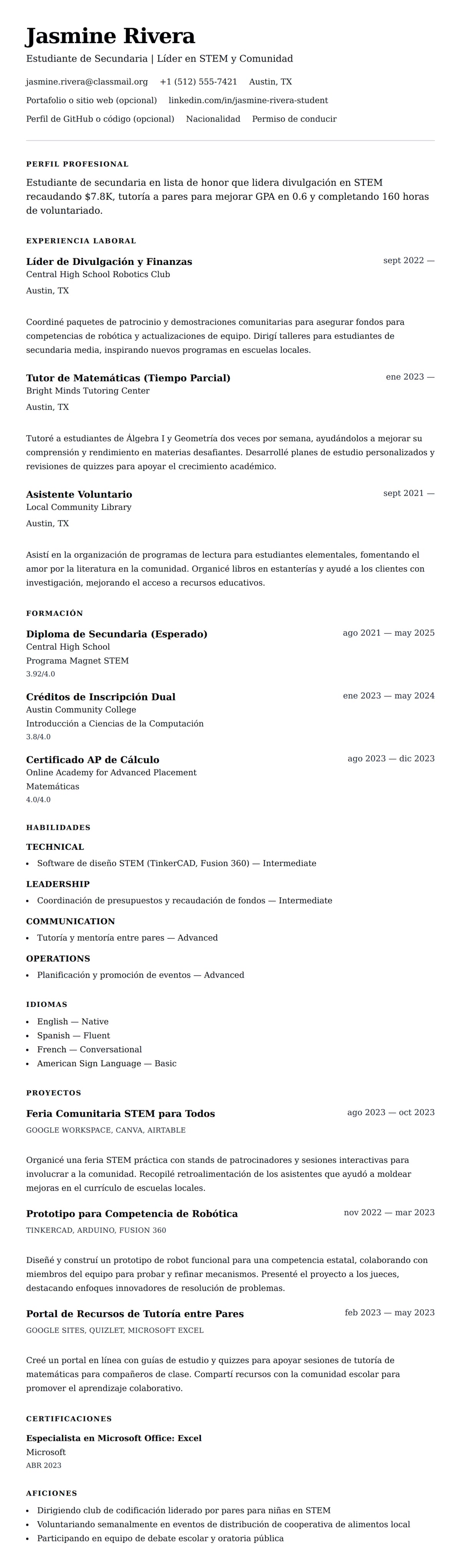 Vista previa del currículum Ejemplo de Currículum para Estudiante de Secundaria