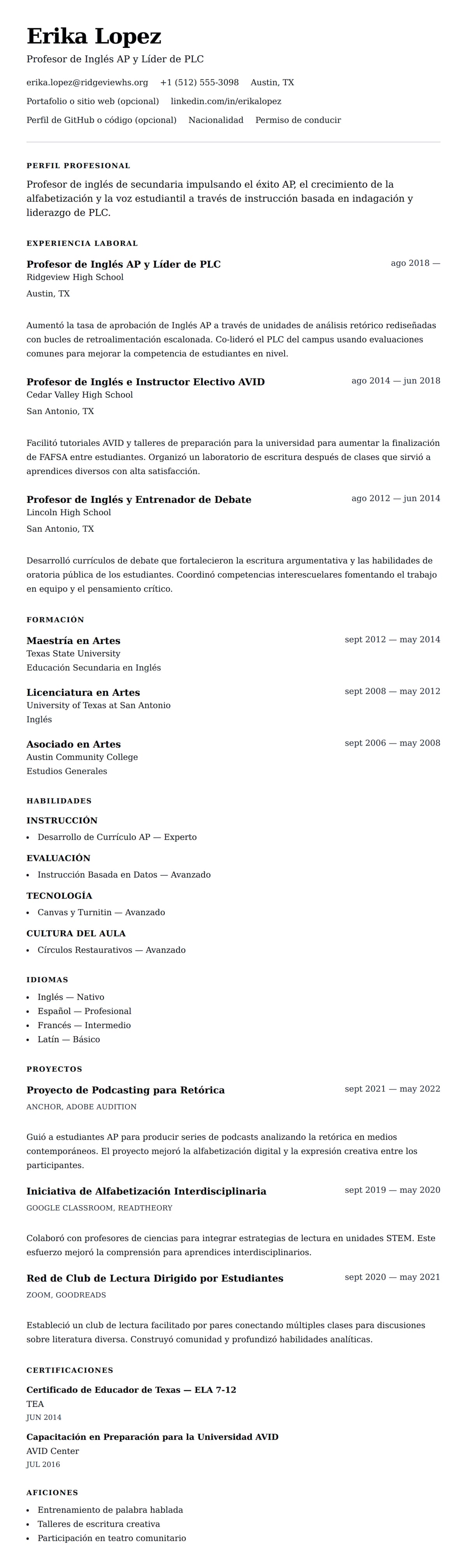 Vista previa del currículum Ejemplo de Currículum de Profesor de Secundaria