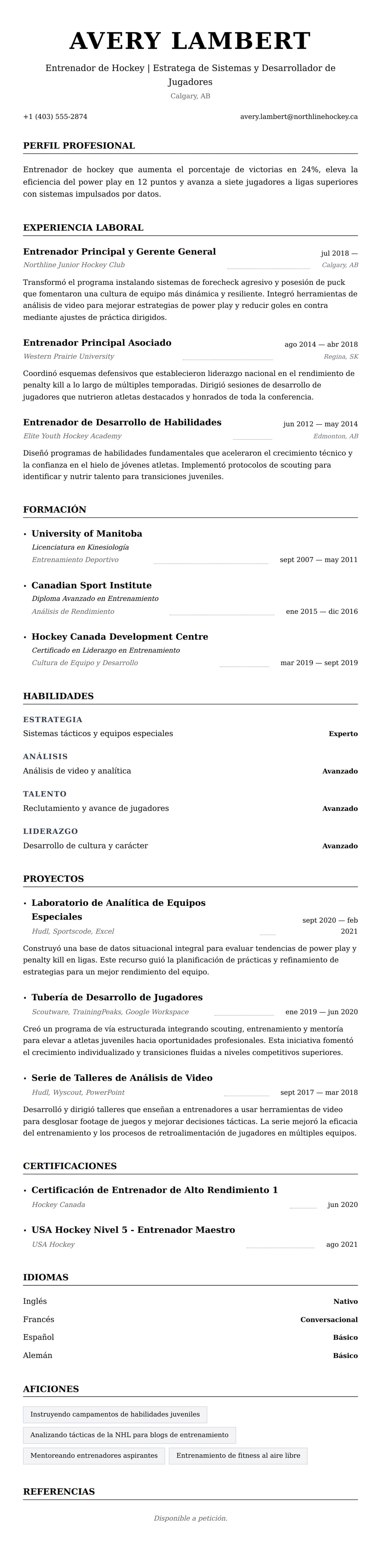 Vista previa del currículum Ejemplo de Currículum de Entrenador de Hockey