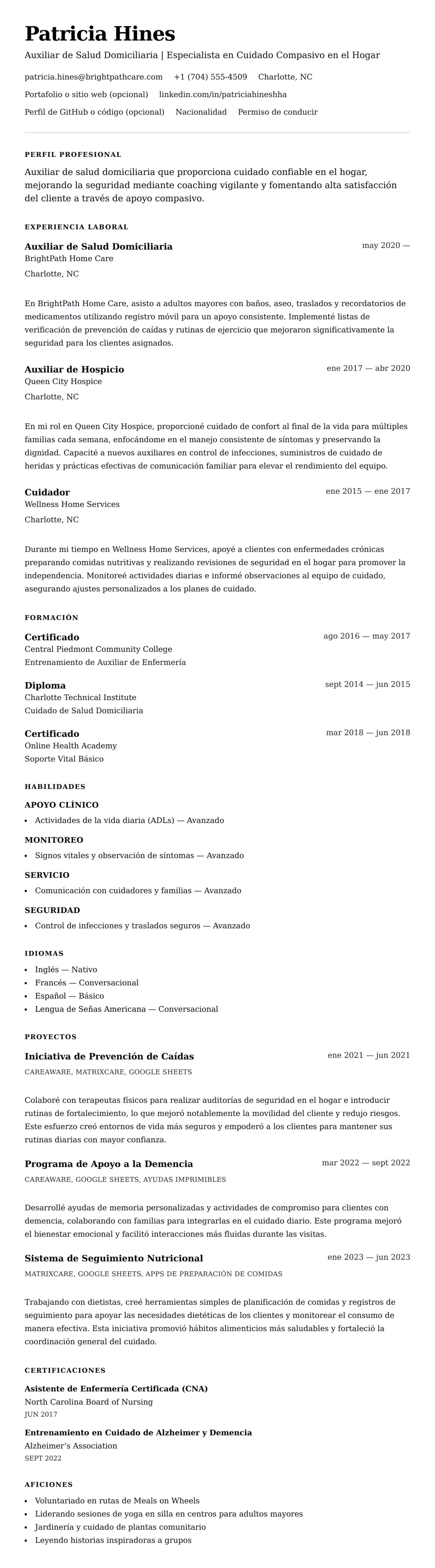 Vista previa del currículum Ejemplo de Currículum de Auxiliar de Salud Domiciliaria