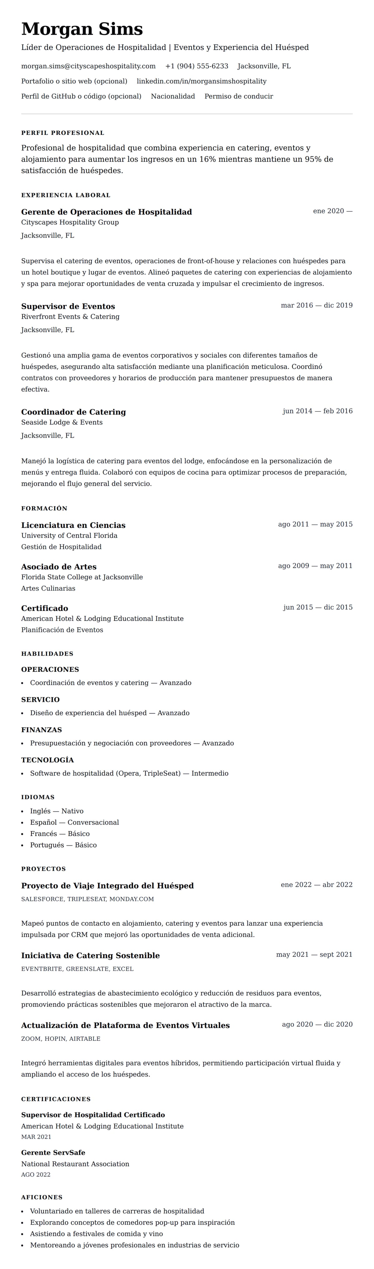 Vista previa del currículum Ejemplo de Currículum de Profesional de Hospitalidad y Catering