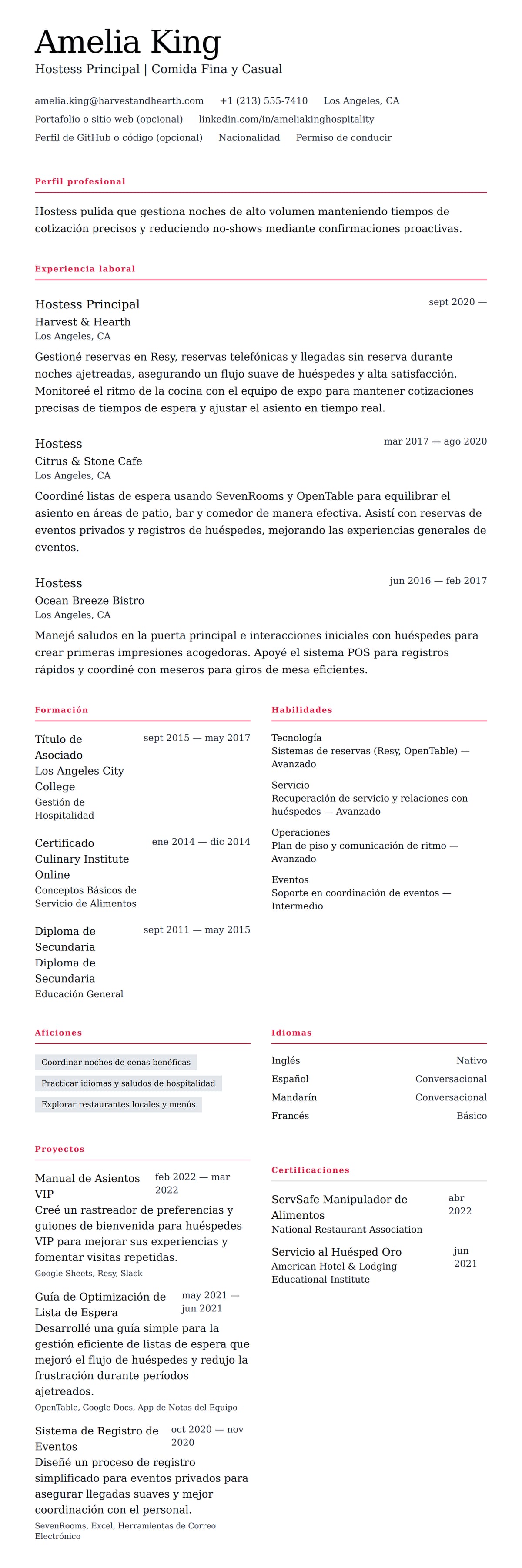 Vista previa del currículum Ejemplo de Currículum de Hostess