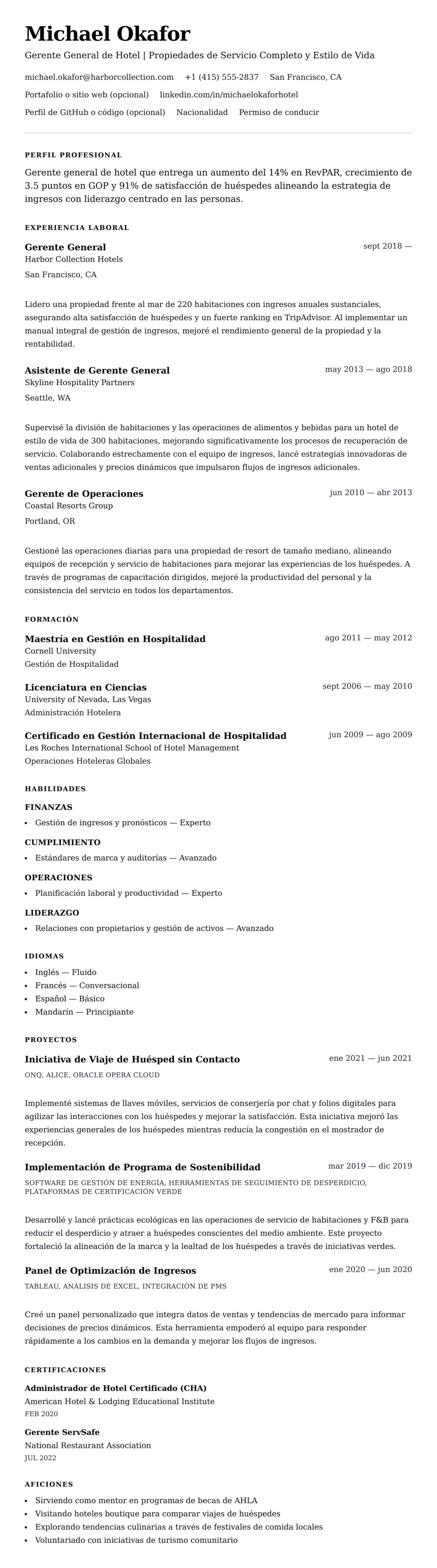 Vista previa del currículum Ejemplo de Currículum de Gestión Hotelera