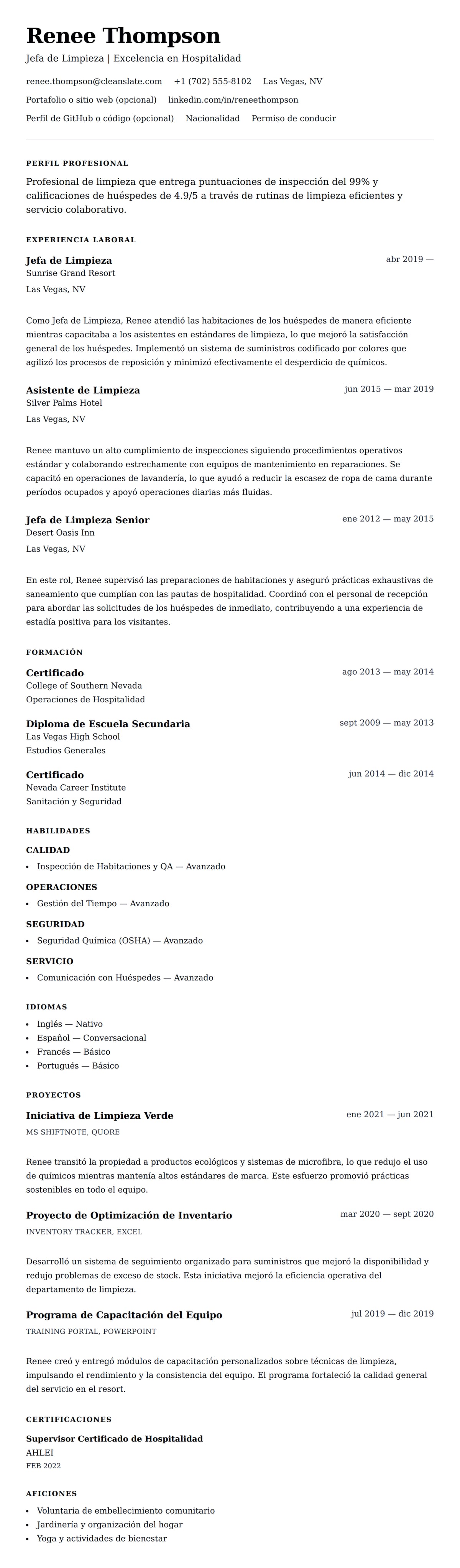 Vista previa del currículum Ejemplo de Currículum de Limpieza