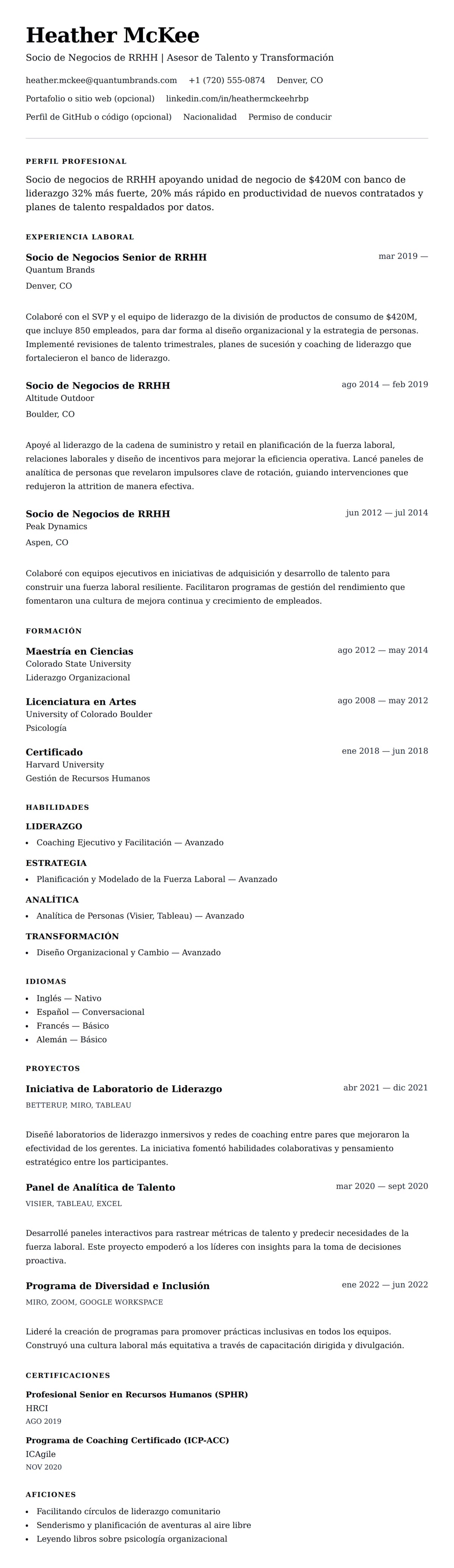 Vista previa del currículum Ejemplo de Currículum de Socio de Negocios de RRHH