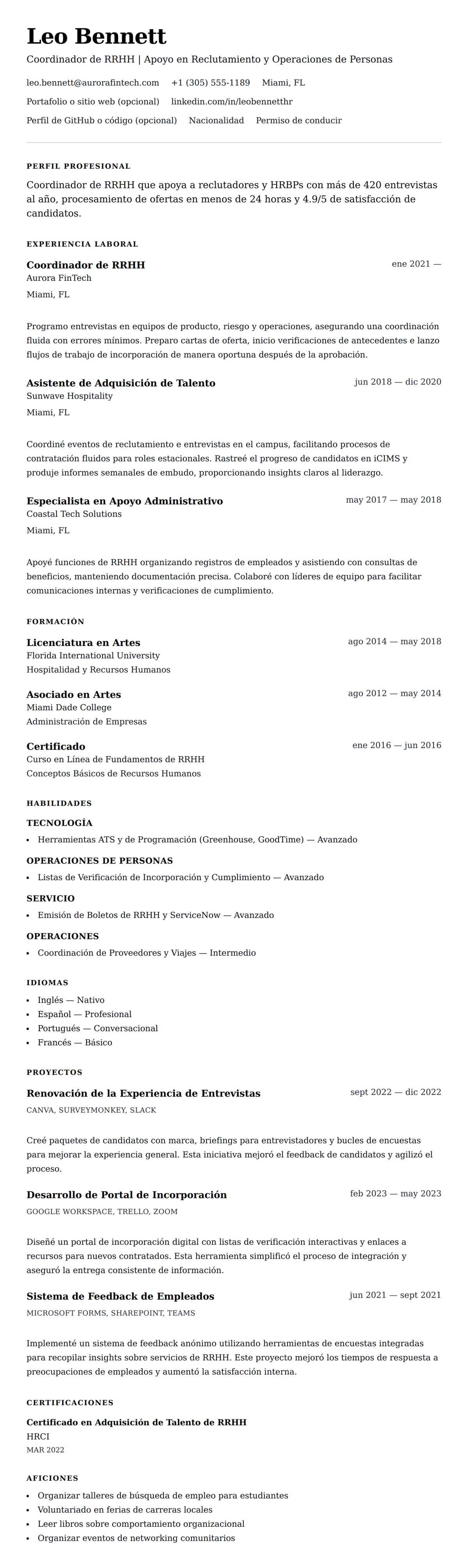 Vista previa del currículum Ejemplo de Currículum de Coordinador de RRHH