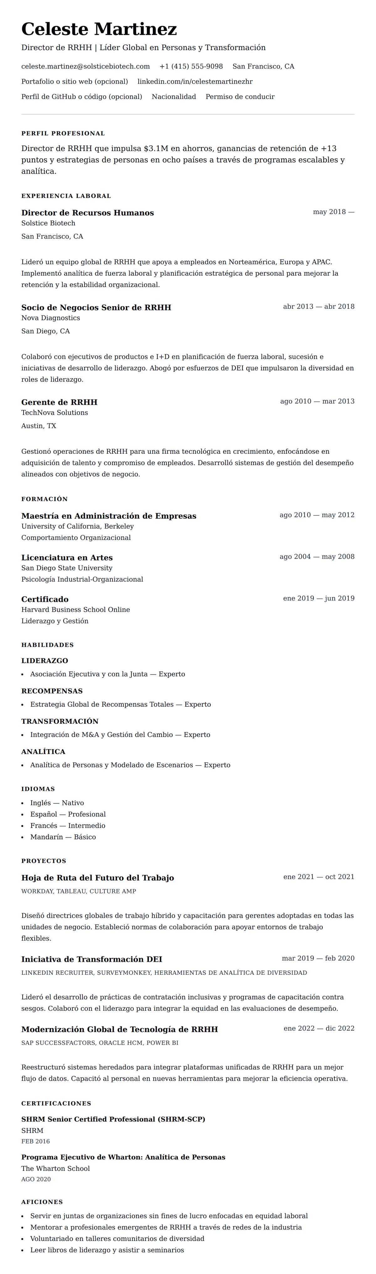 Vista previa del currículum Ejemplo de Currículum de Director de RRHH