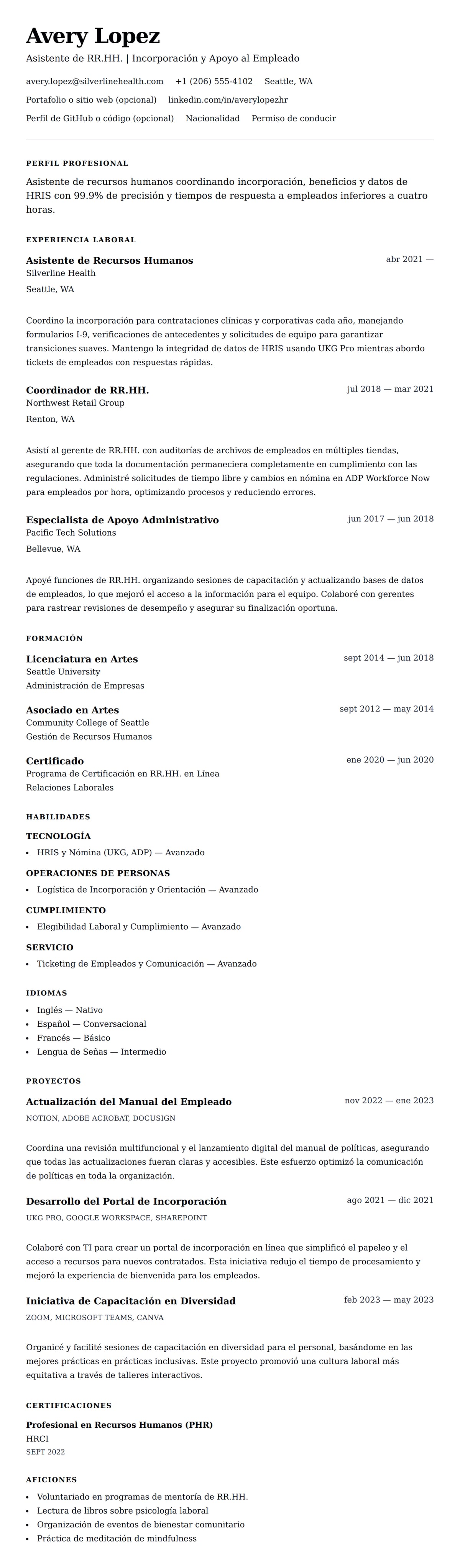 Vista previa del currículum Ejemplo de Currículum de Asistente de Recursos Humanos
