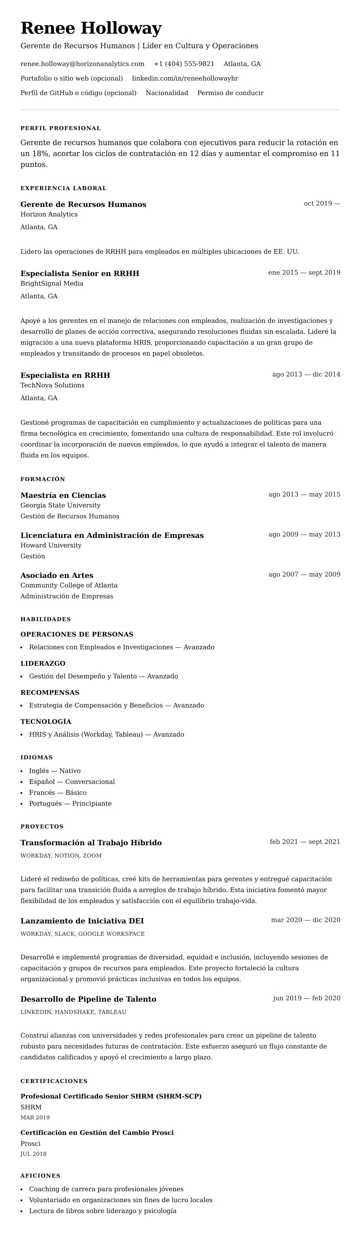 Vista previa del currículum Ejemplo de Currículum de Gerente de Recursos Humanos