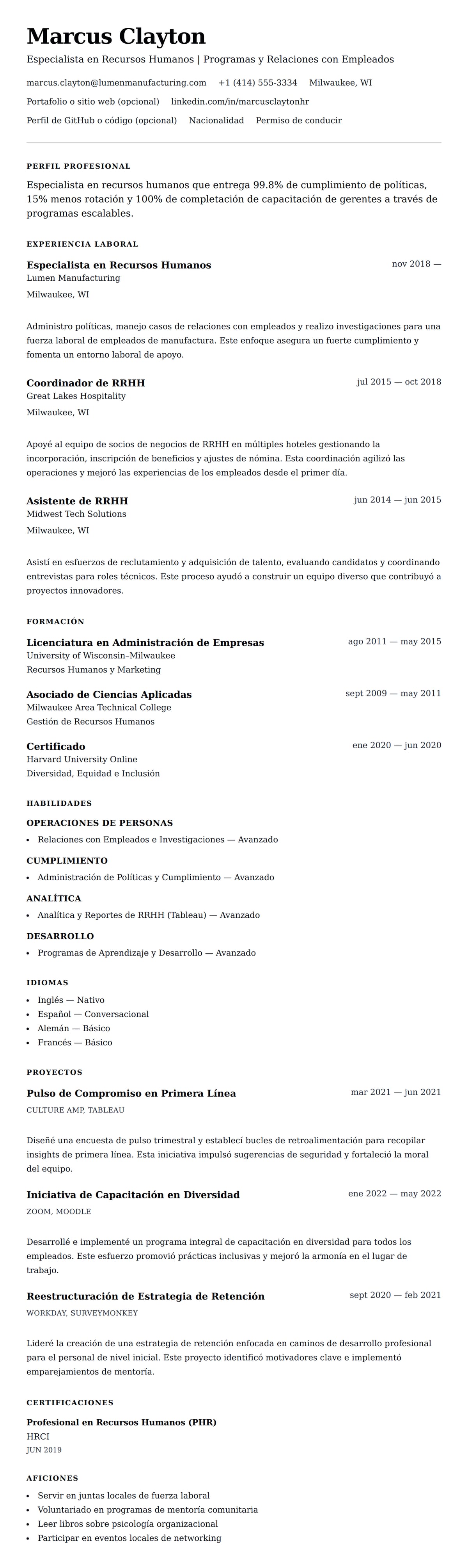 Vista previa del currículum Ejemplo de Currículum de Especialista en Recursos Humanos