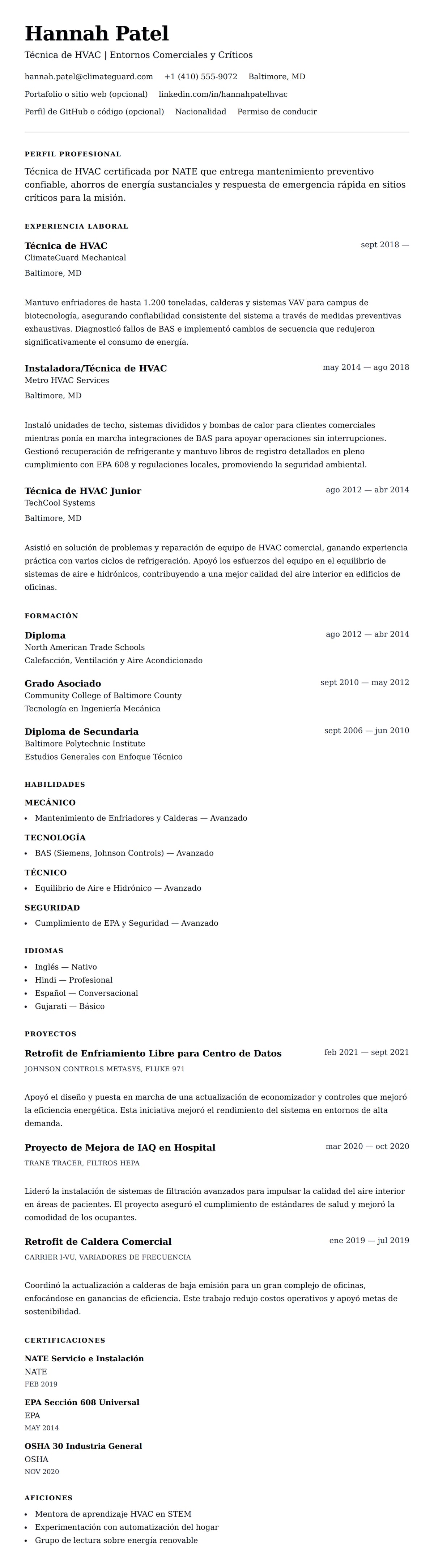 Vista previa del currículum Ejemplo de Currículum de Técnico de HVAC