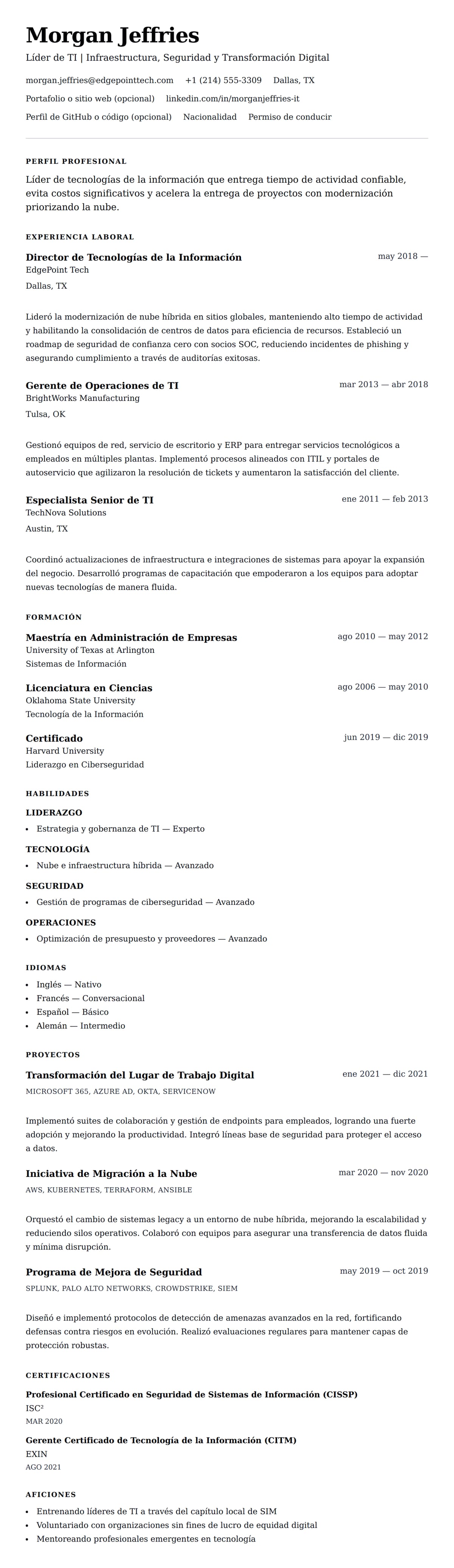 Vista previa del currículum Ejemplo de Currículum de Profesional de Tecnologías de la Información