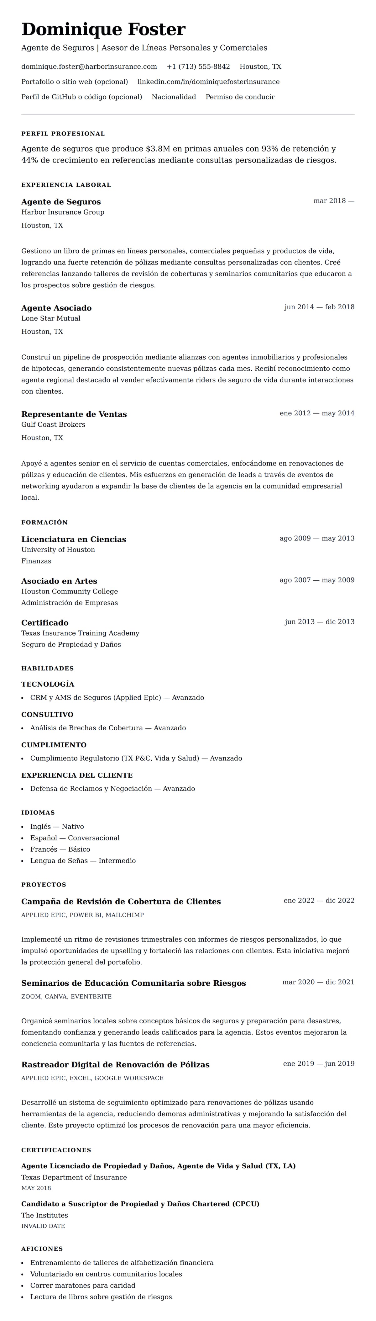 Vista previa del currículum Ejemplo de Currículum de Agente de Seguros