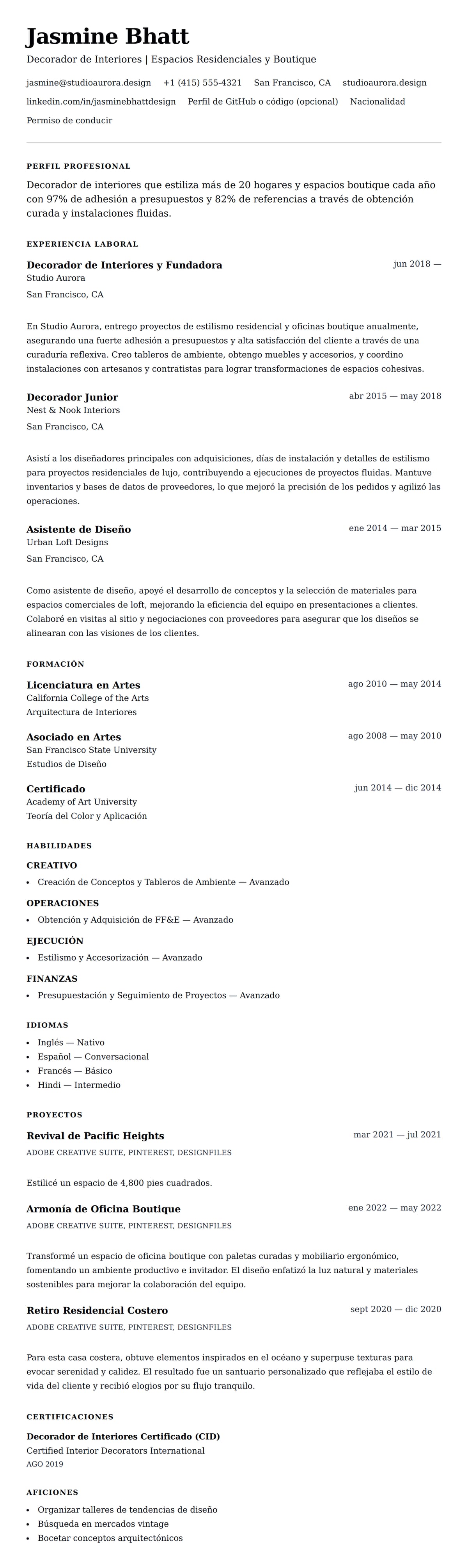 Vista previa del currículum Ejemplo de Currículum de Decorador de Interiores