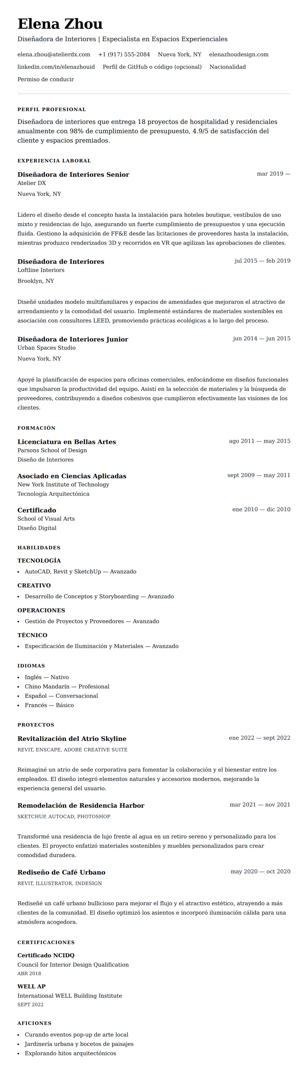 Vista previa del currículum Ejemplo de Currículum de Diseñador de Interiores