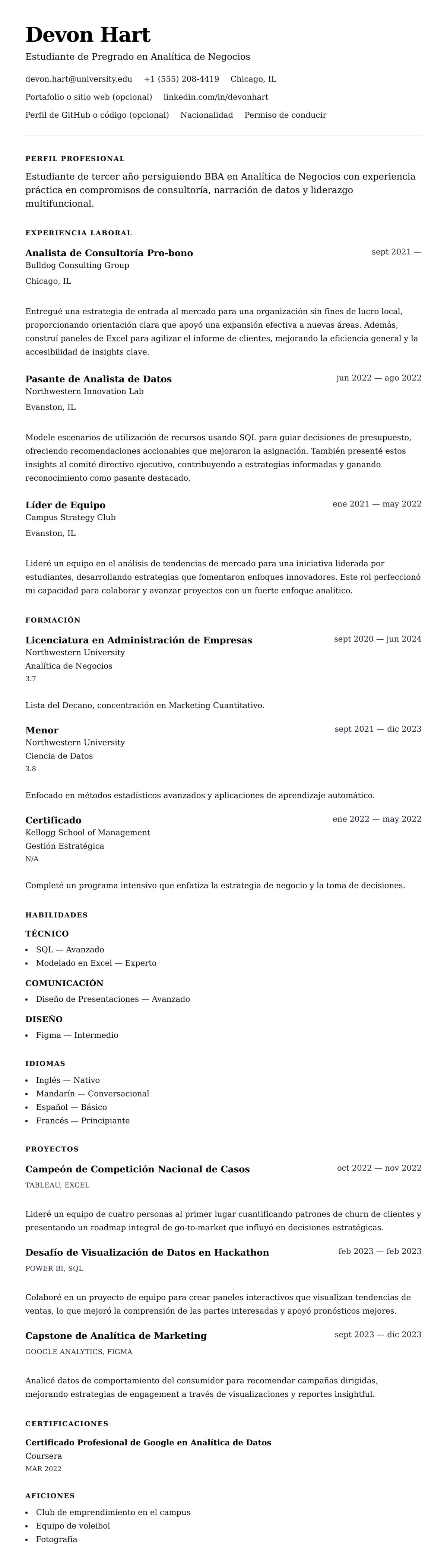 Vista previa del currículum Ejemplo de Currículum para Pasantía
