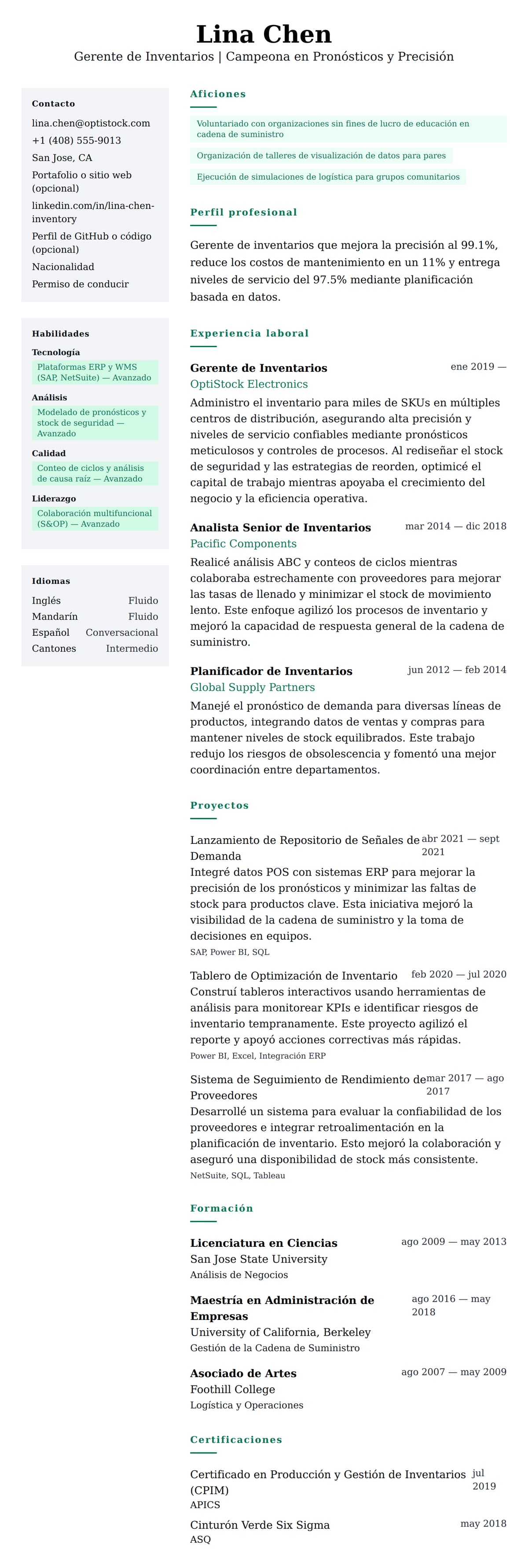 Vista previa del currículum Ejemplo de Currículum de Gerente de Inventarios