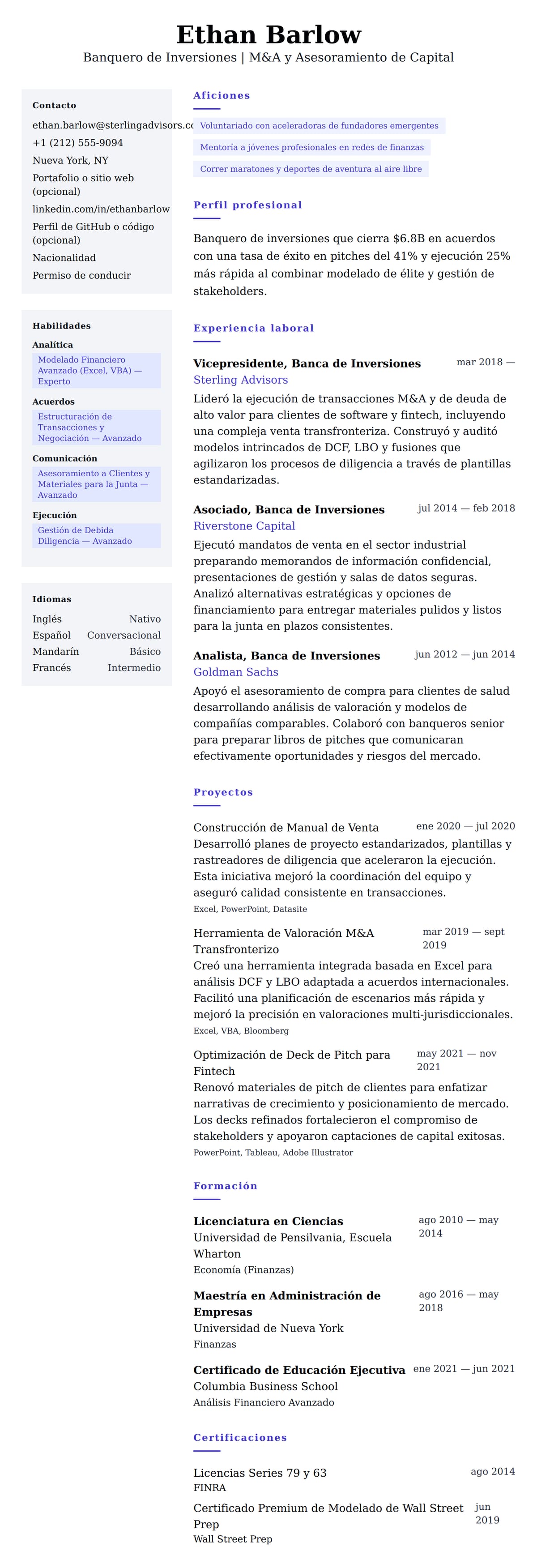 Vista previa del currículum Ejemplo de Currículum de Banquero de Inversiones