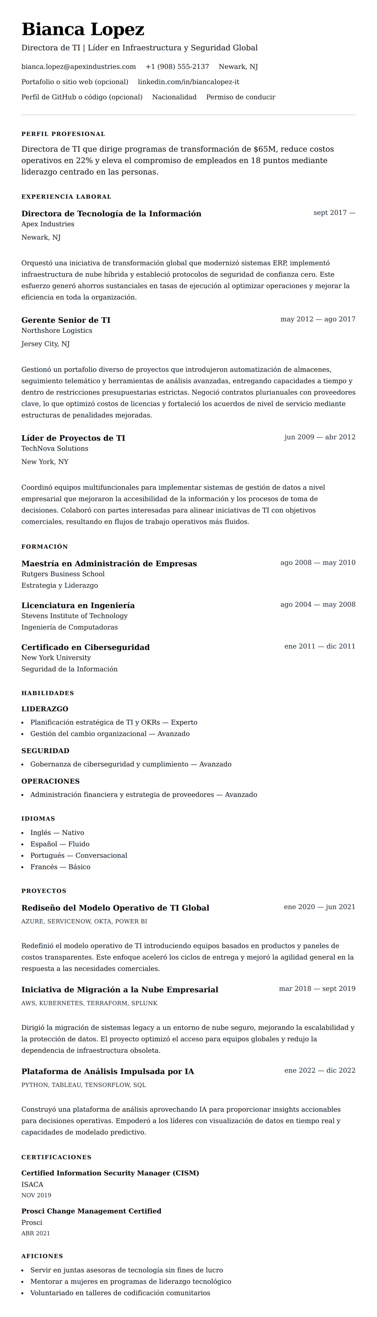 Vista previa del currículum Ejemplo de Currículum de Director de TI