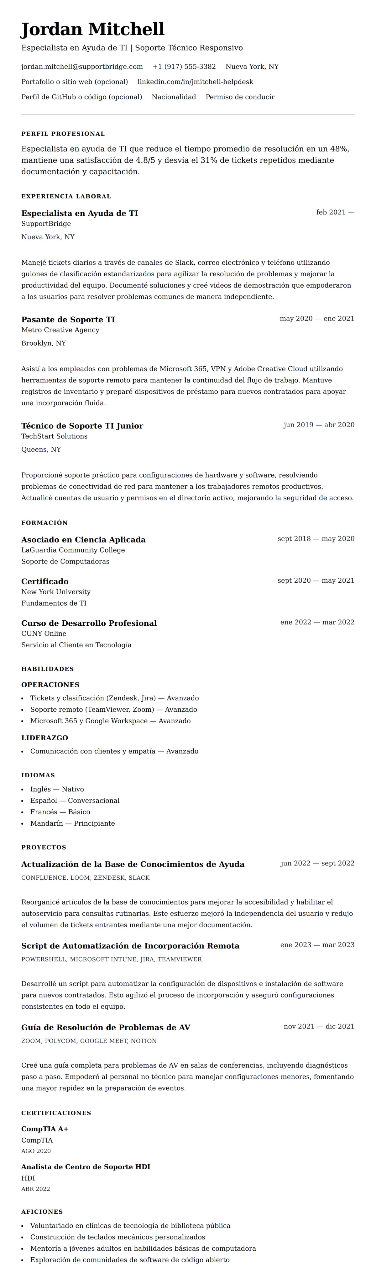 Vista previa del currículum Ejemplo de Currículum de Ayuda de TI