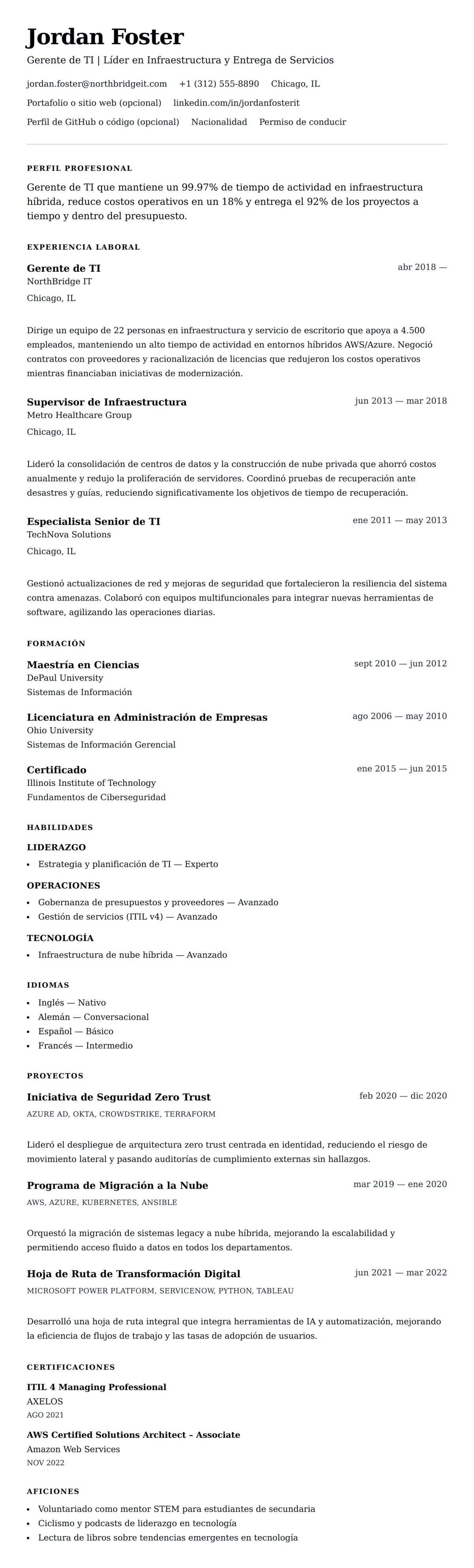 Vista previa del currículum Ejemplo de Currículum de Gerente de TI