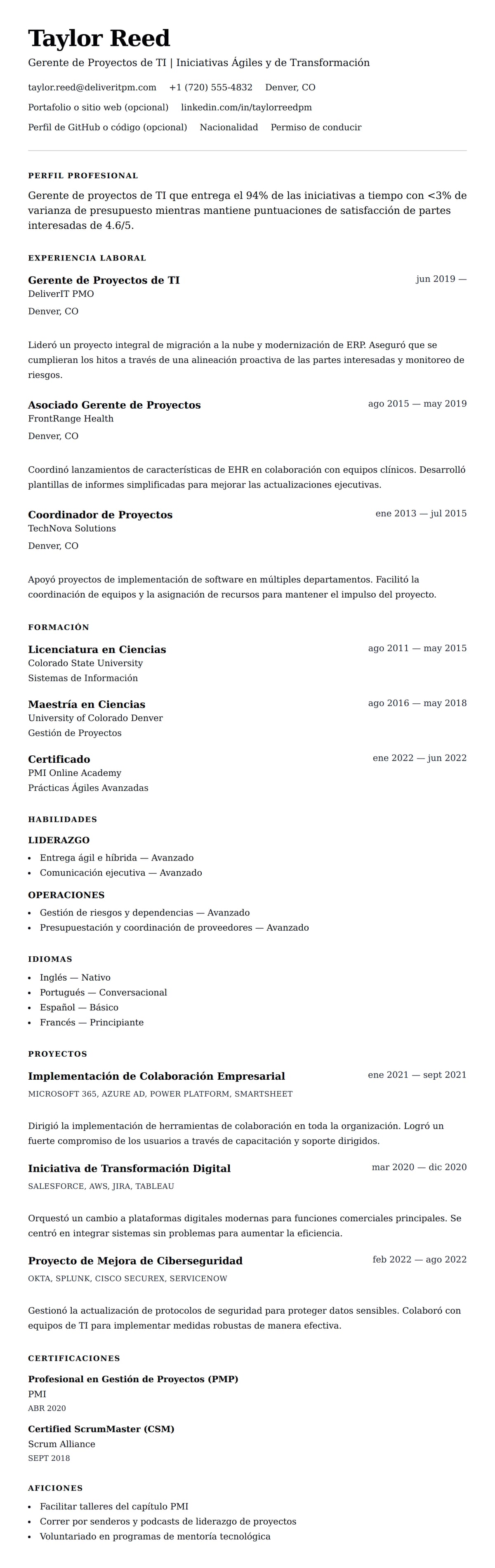 Vista previa del currículum Ejemplo de Currículum de Gerente de Proyectos de TI