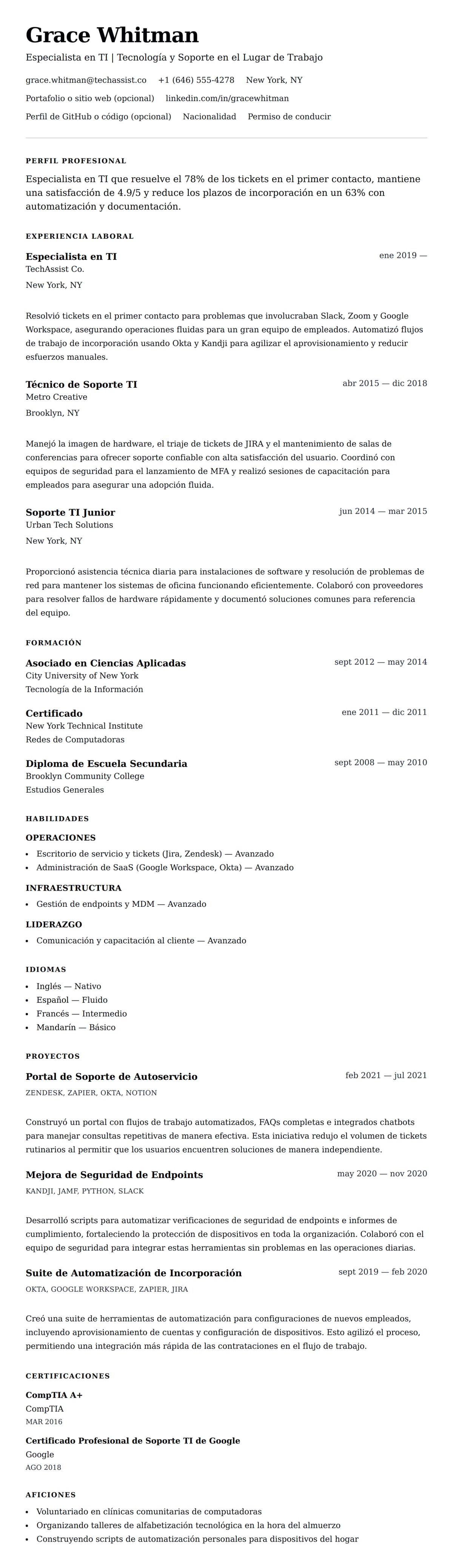 Vista previa del currículum Ejemplo de Currículum de Especialista en TI