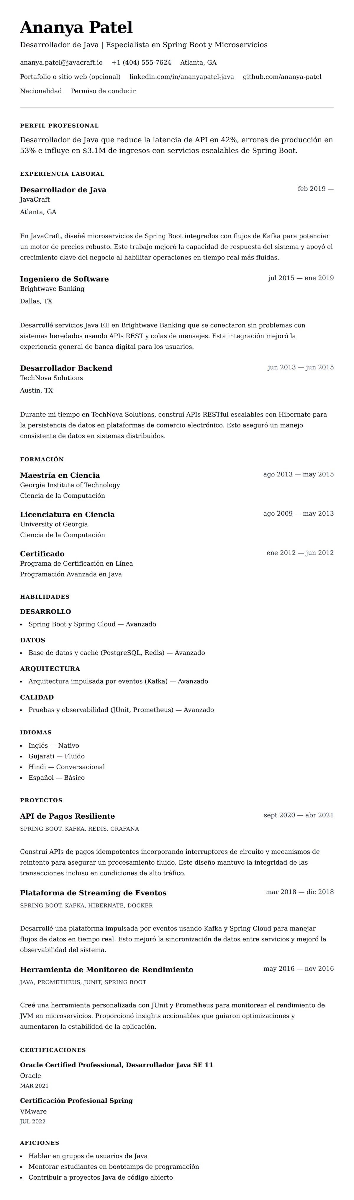 Vista previa del currículum Ejemplo de Currículum de Desarrollador de Java